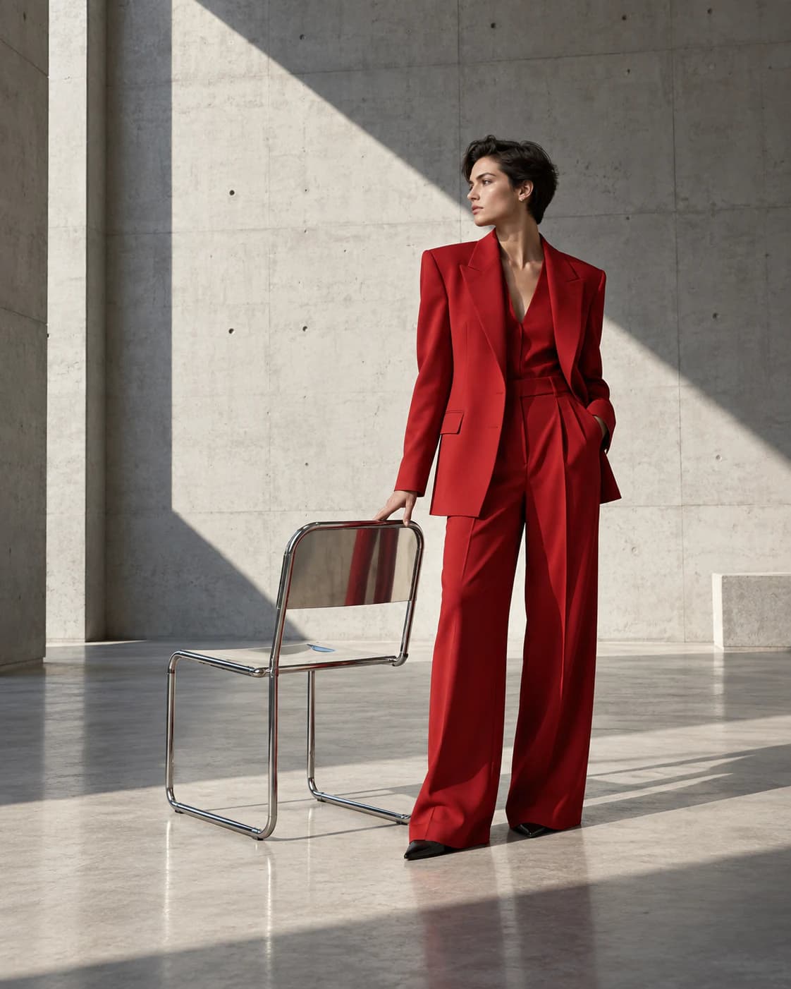 Standing model in a red suit beside a chrome chair in a concrete space