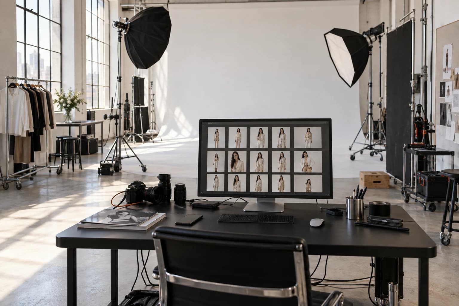Professional photography studio with a white cyclorama, lights and a digital capture workstation in the foreground