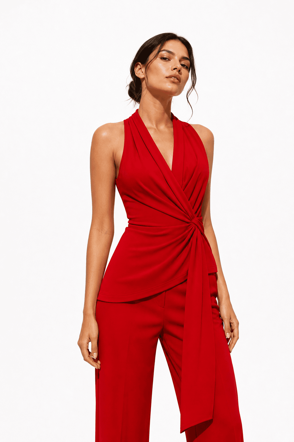 Model wearing a red garment on a white studio background