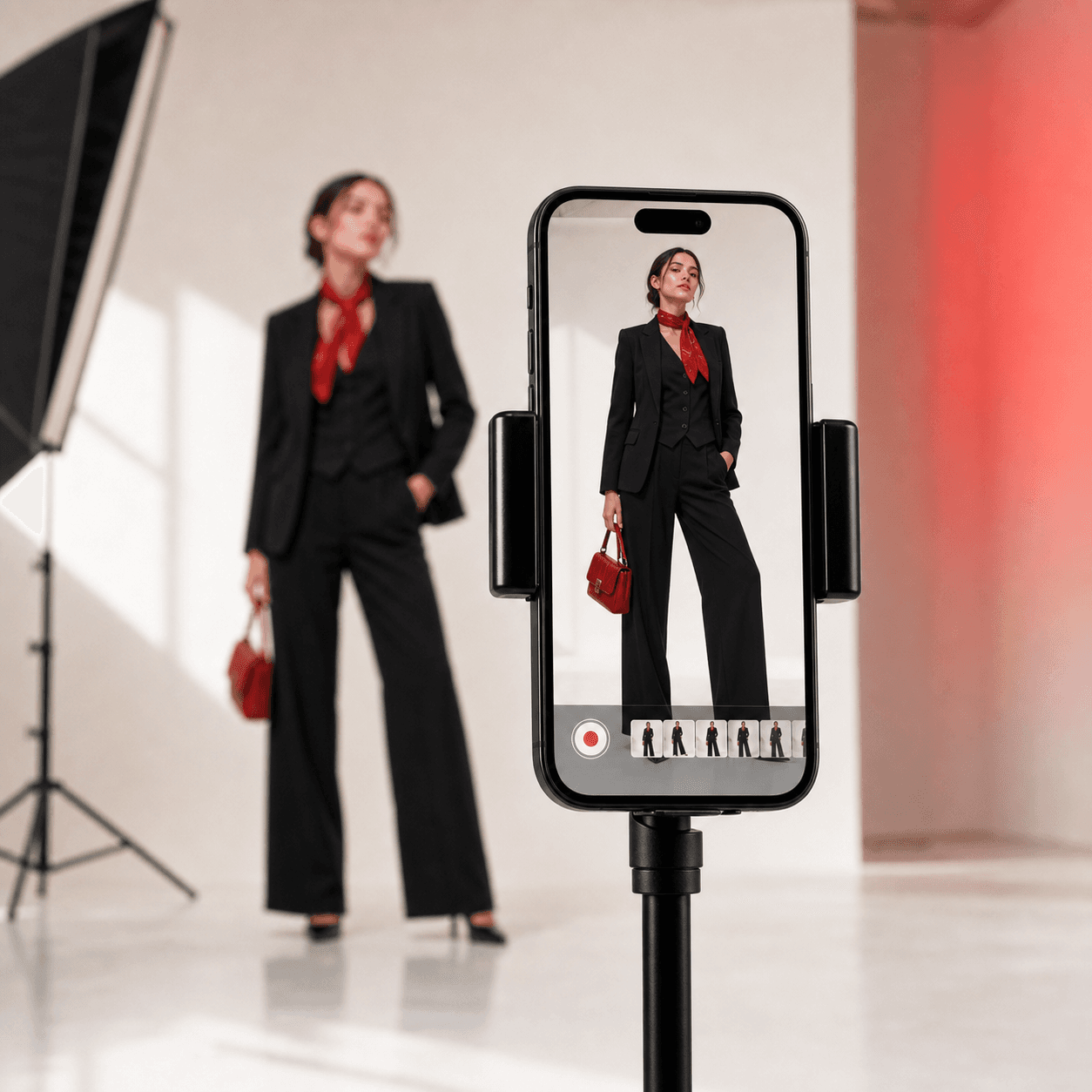 Phone rig filming a model in studio
