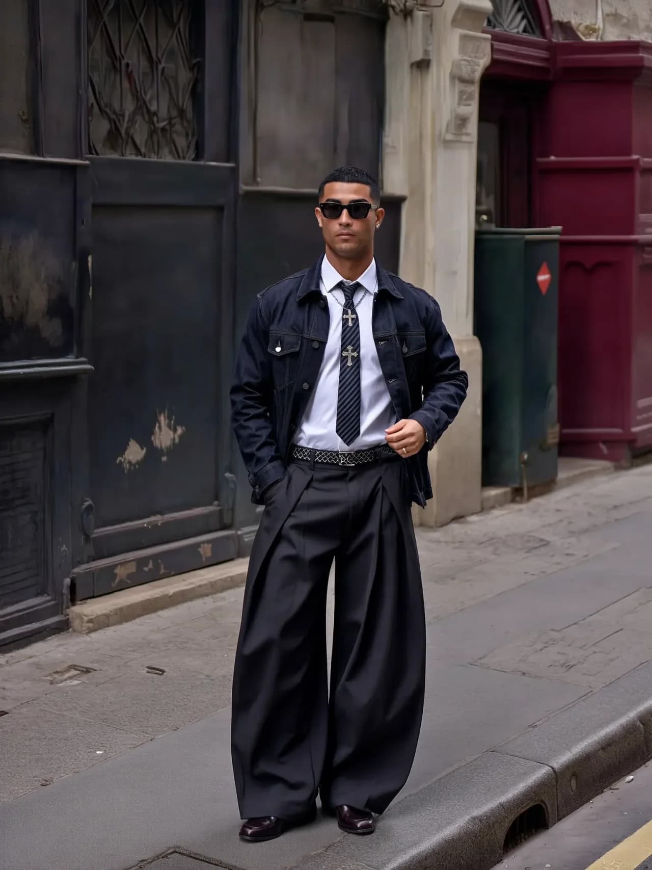 Urban photoshoot with a dark denim jacket and wide black trousers