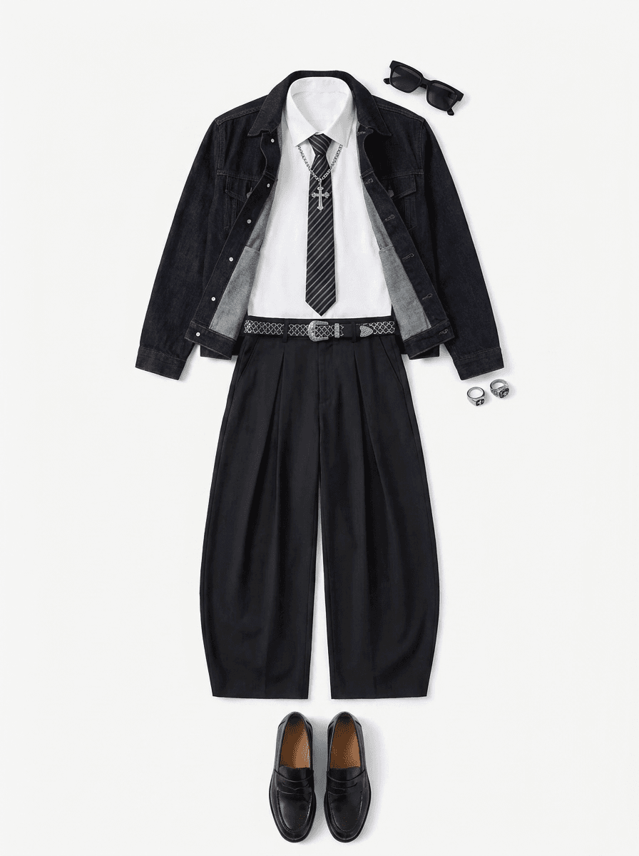 Dark denim jacket, white shirt, tie and wide black trousers on a white background