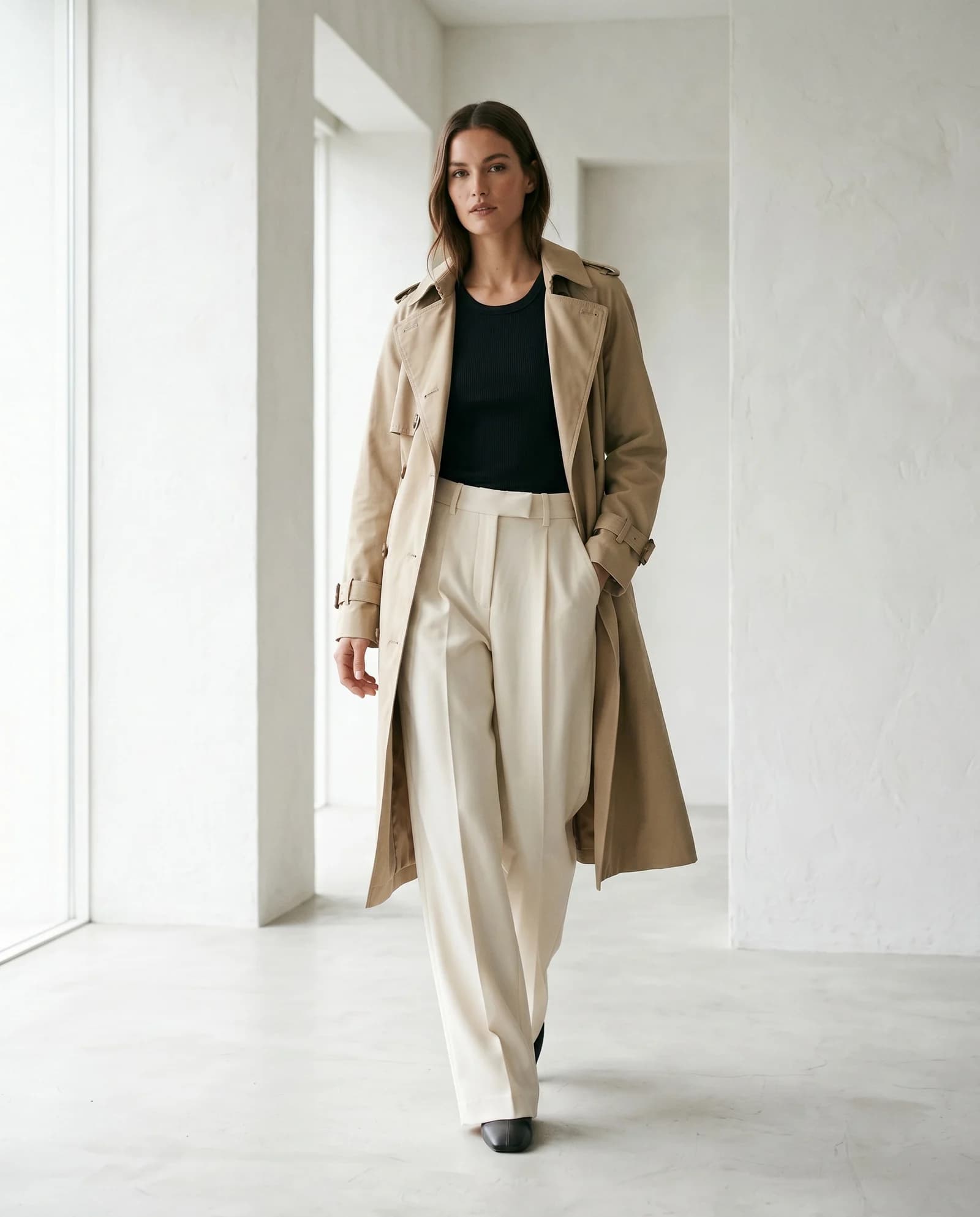 Photoshoot with a sand trench coat, black top and light trousers
