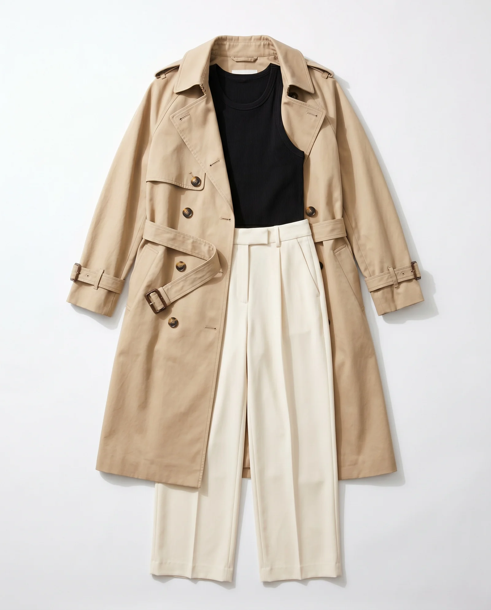Sand trench coat, black top and light trousers on a white background