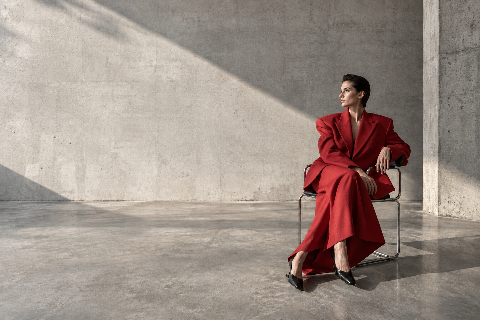 Seated model in red tailoring inside a sunlit concrete space