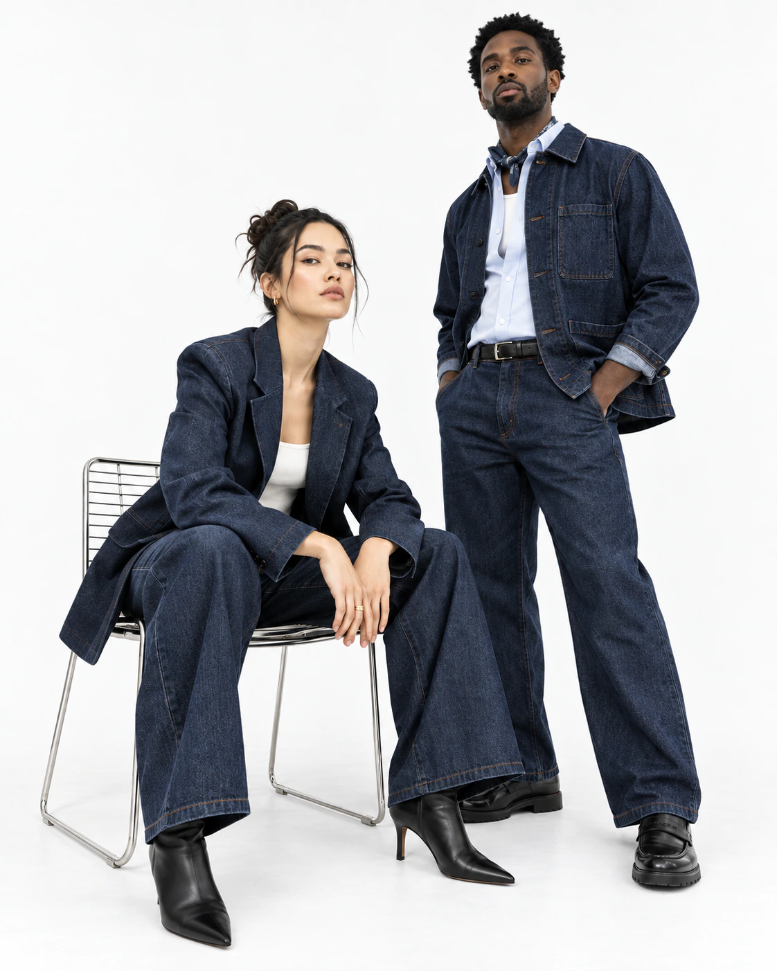 Two models in contemporary denim looks
